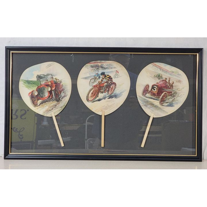 Spectacular Framed 3-Hand Fans w/Early Auto & Motorcycle Graphics