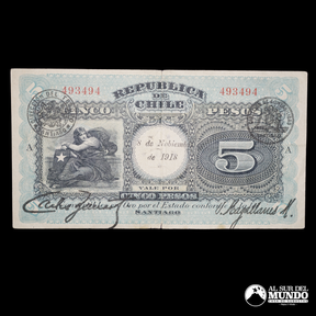 Chile, Republica. 5 Pesos. 1918. ERROR: "Nobiembre".
