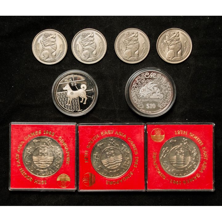 Singapore 1981 Merlion $1 x2pcs,1968 x1pc,1972 x1pc,Lunar 2006 Dog $2,1999 $10(Rabbit),12th south east games $5 x3pcs Total 9pcs