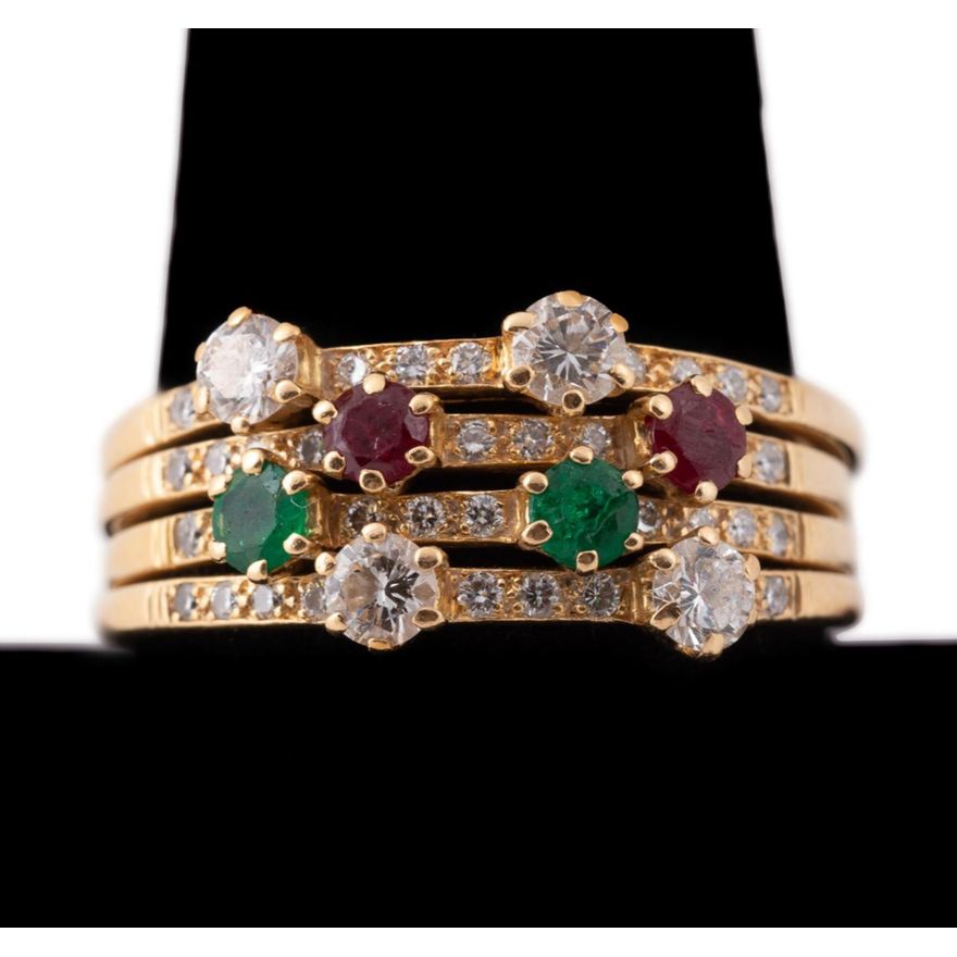 REZA DIAMOND, RUBY & EMERALD LINKED STACKING RING