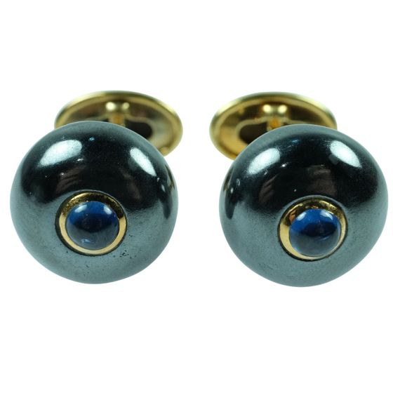 Hematite and Blue Sapphire Cufflinks in 18ct Gold (Pair)