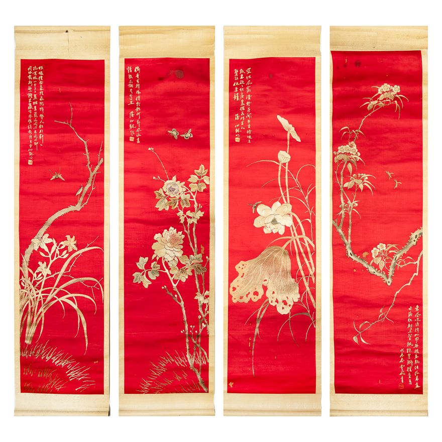 民國   紅地刺繡四季花卉四條屏 Four Chinese red-ground embroidered 'four seasons' panels, Republic period