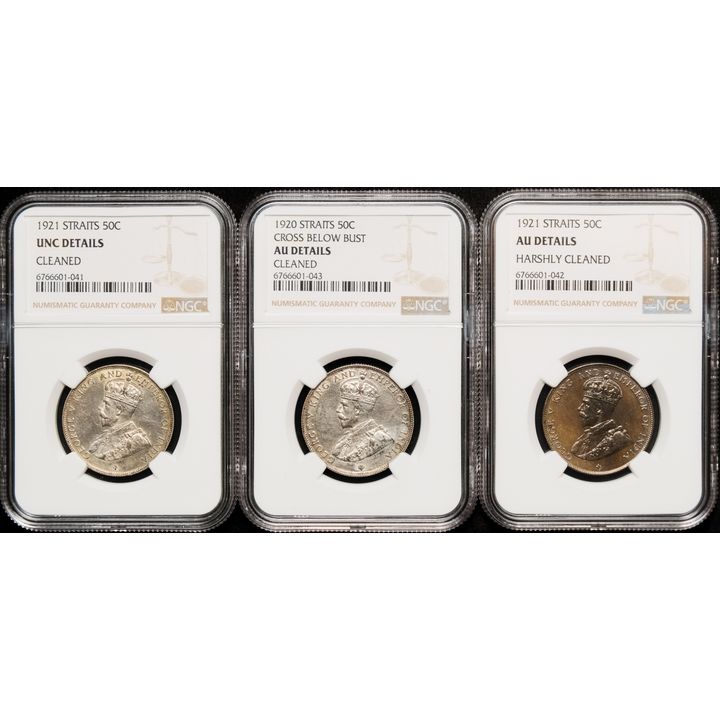 Straits Settlements KG V 50cents 1920 NGC AU Details,1921 NGC AU Details x2pcs Total 3pcs No Reserved Price!