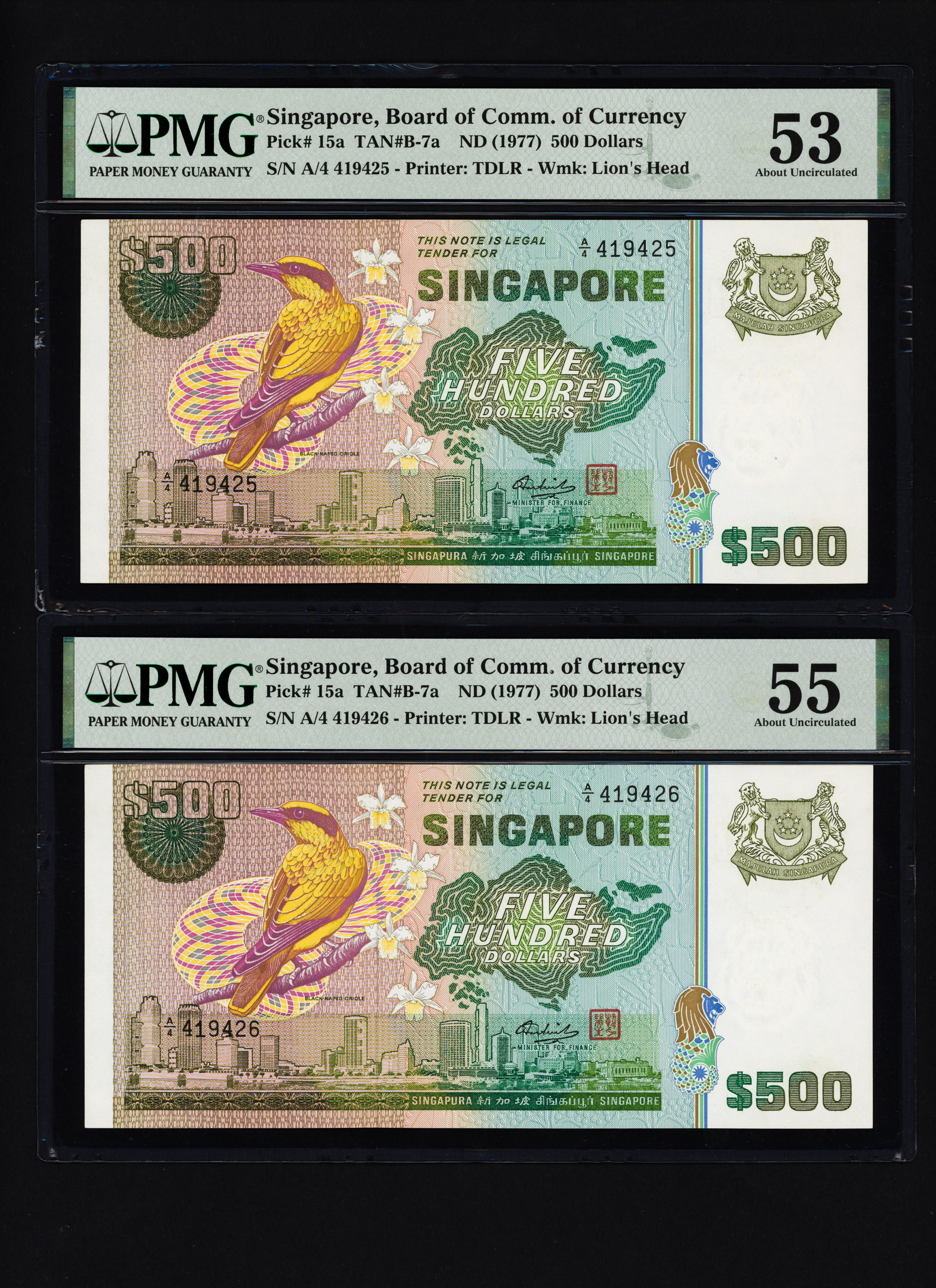 Singapore Bird Series $500 S/N:A/2 375425-26 consecutive PMG 53,55 Total  2pcs | Sky Kirin Auctions
