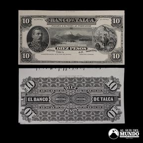 Chile, Banco de Talca. 10 Pesos. Pareja de billetes de prueba: anverso y reverso por separado.