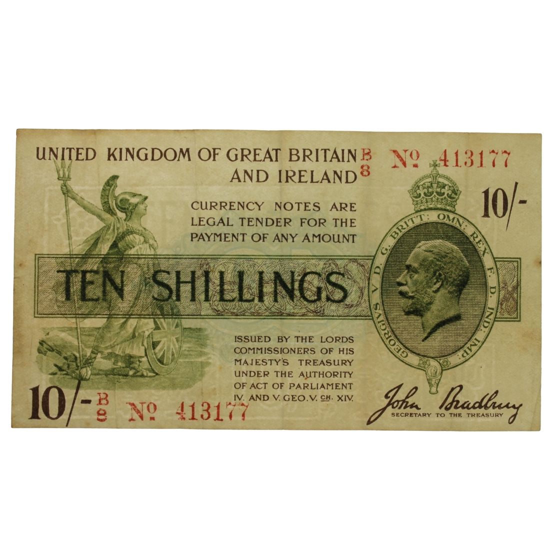 Great Britain 'Bradbury' Red Serial 10/- (Dec 1918), about Very Fine