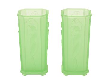 Sarsaparilla Deco Designs Green Frosted Glass Art Deco Style Vases, Pair