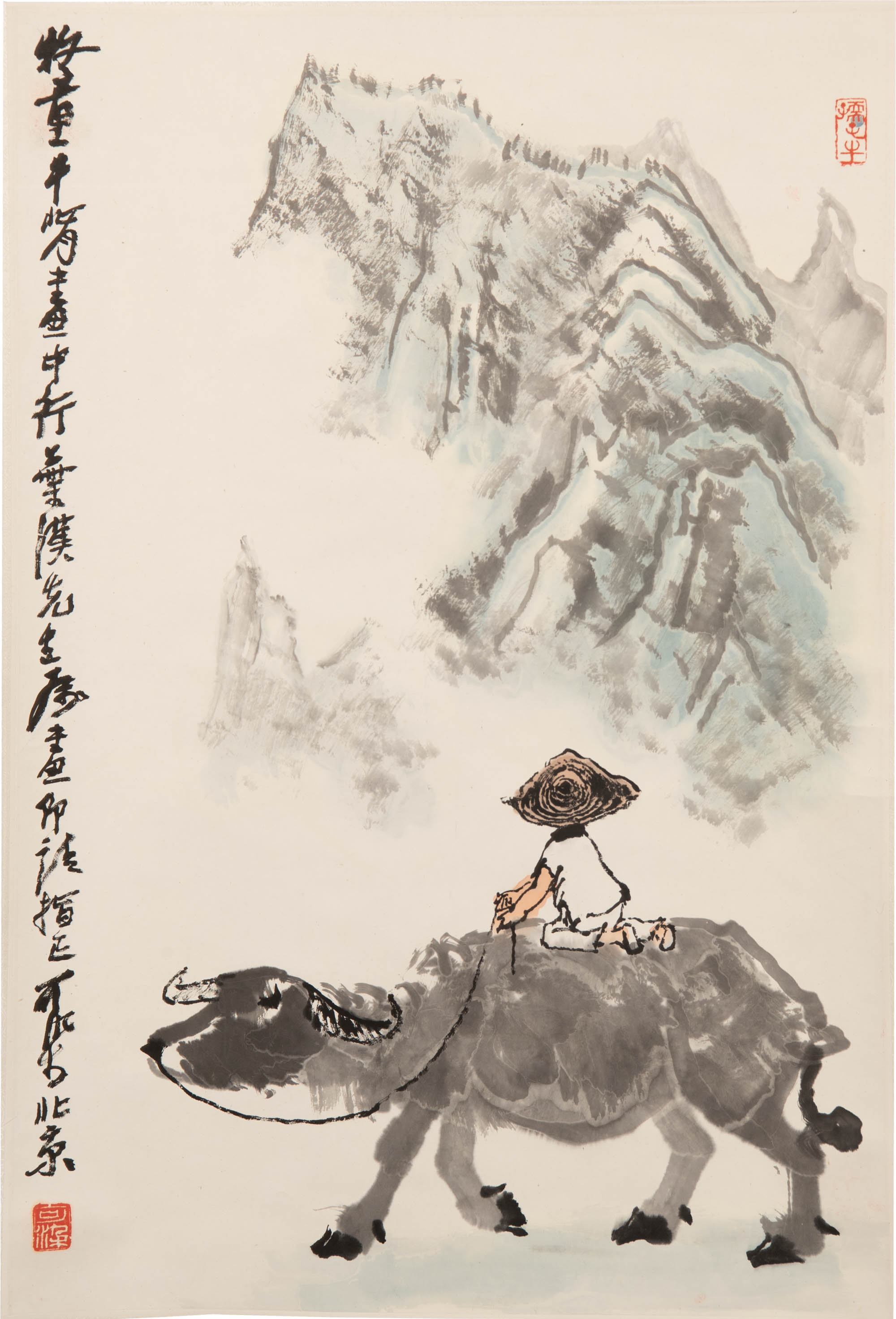 李可染 葉漢上款牧牛圖立軸 A Chinese painting of a boy riding a buffalo, signed Li Keran  (Chinese, 1907-1989), given to Ye Han