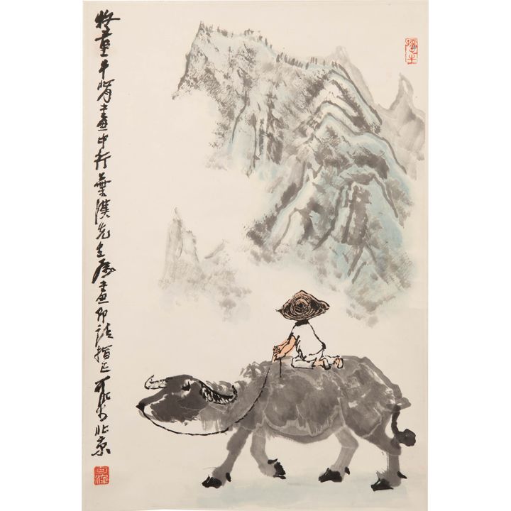 李可染   葉漢上款牧牛圖立軸 A Chinese painting of a boy riding a buffalo, signed Li Keran (Chinese, 1907-1989), given to Ye Han