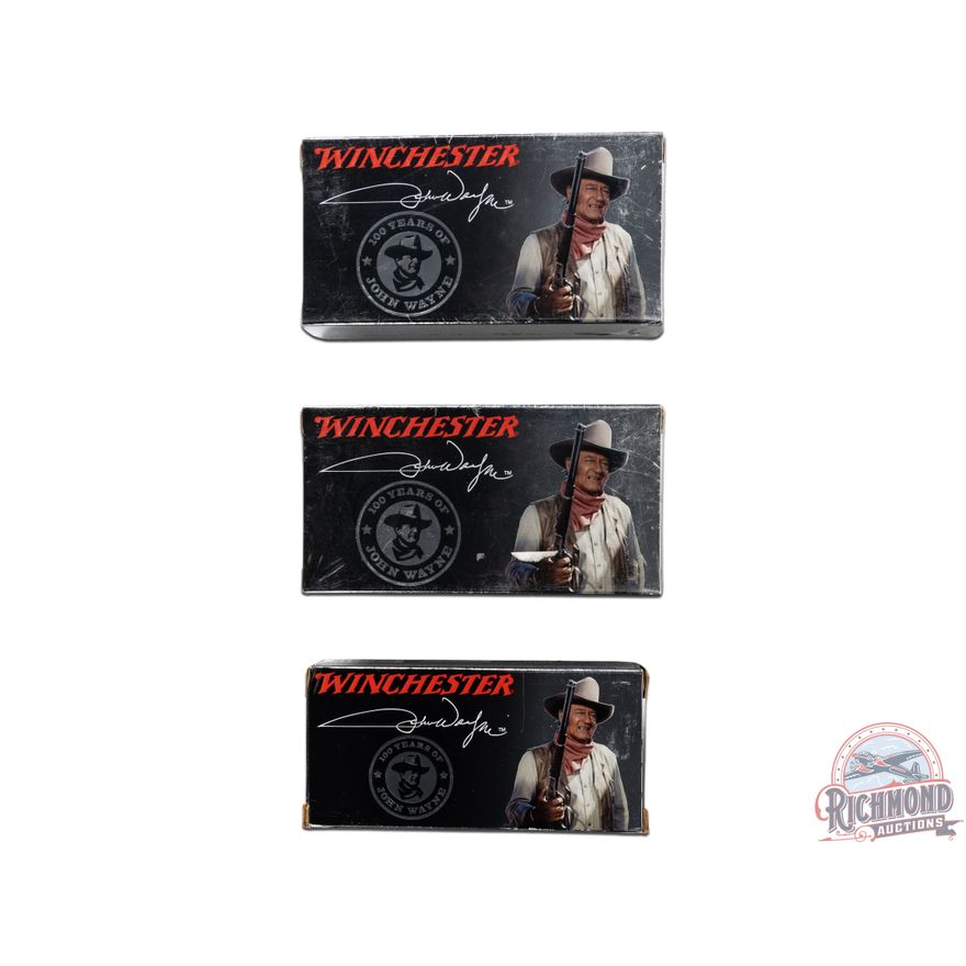 3 Factory Full Boxes of John Wayne "100 Years of John Wayne" Ammunition.