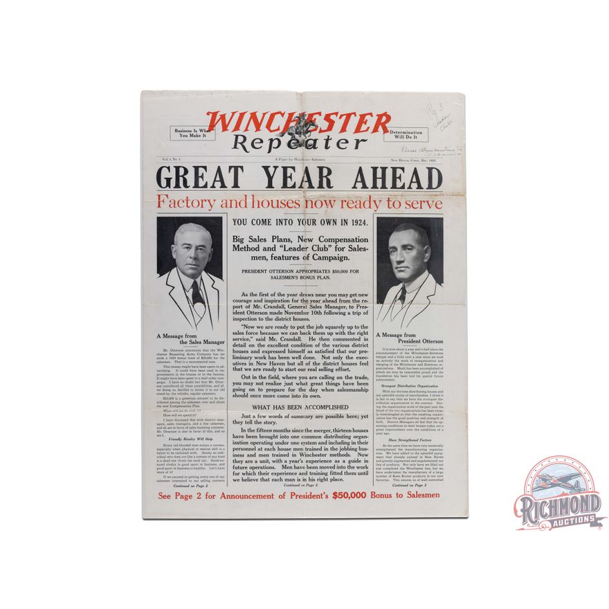 1923 Rare Winchester Repeater Volume 1 No. 1 Advertising Poster