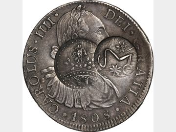 KM# UNCAT – 8 Reales 1808 Mo TH, Resellos de Chilpancingo y Morelos FALSOS. XF.