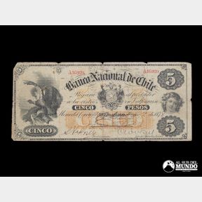 Chile, Banco Nacional de Chile. 5 Pesos. 1878.