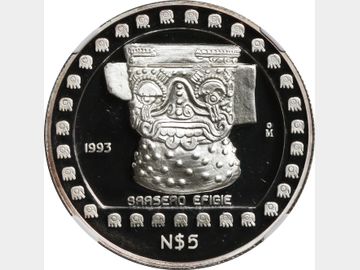 KM# 648 - N$5 Pesos 1993 Mo, Brasero Efigie. NGC PF69 Ultra Cameo.