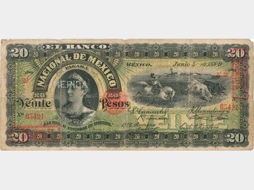 M300ae – 20 Pesos El Banco Nacional de México, 1889. VG.