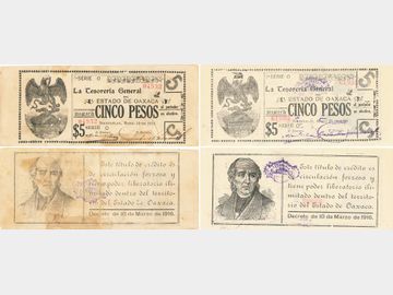 (Lote de 2 piezas) – Billetes de 5 Pesos La Tesorería General del Estado de Oaxaca, Nochixtlán, Oaxaca, 1916. F-XF.