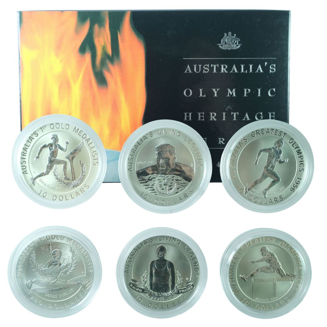 Australia 1994 -1996 'Olympic Heritage' $10 Silver (999) Collection, Frosted Specimen Strikes (6)