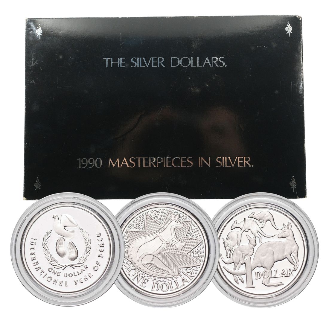 Australia 1990 'Silver Dollars' Masterpieces in Silver (925) Proof Set, FDC (3 coins & $1 Plaque)