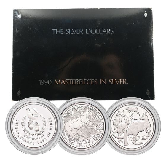 Australia 1990 'Silver Dollars' Masterpieces in Silver (925) Proof Set, FDC (3 coins & $1 Plaque)