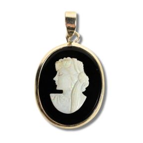 Exquisite Black & White Carved Glass Cameo in Sterling (925) Silver Pendant Surround