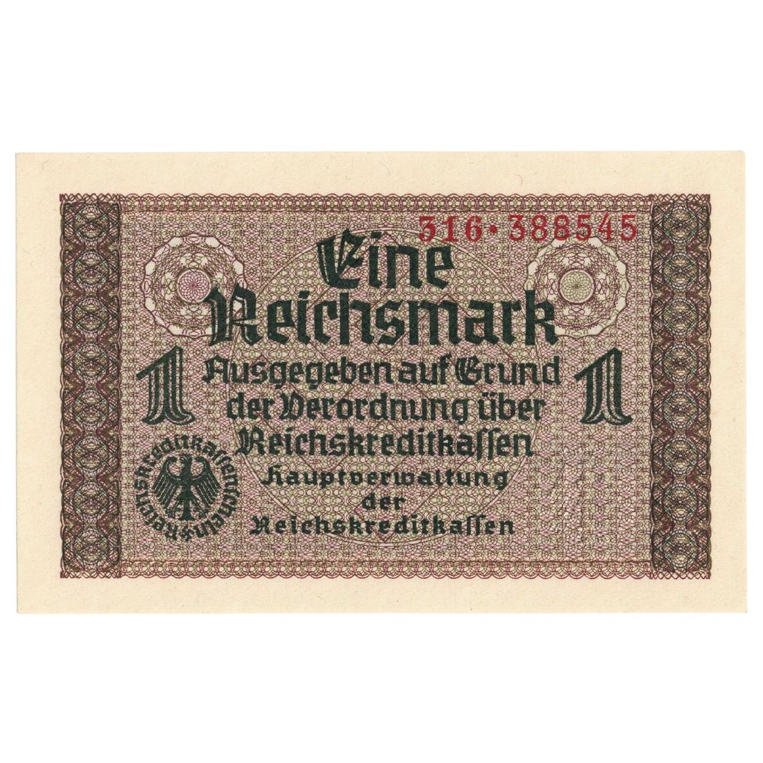 German Occupied Territories 1940 Eine (1) Reichsmark, Uncirculated
