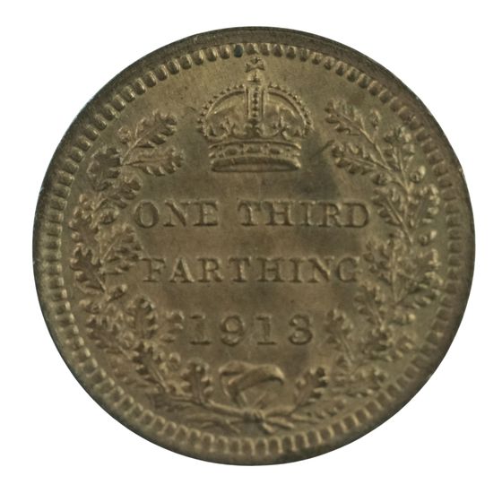 Great Britain George V 1913 Third Farthing, Lustrous Choice Uncirculated