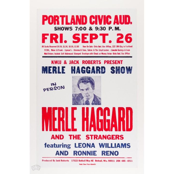 1969 Merle Haggard Portland Civic Auditorium Cardboard Poster Mint 91