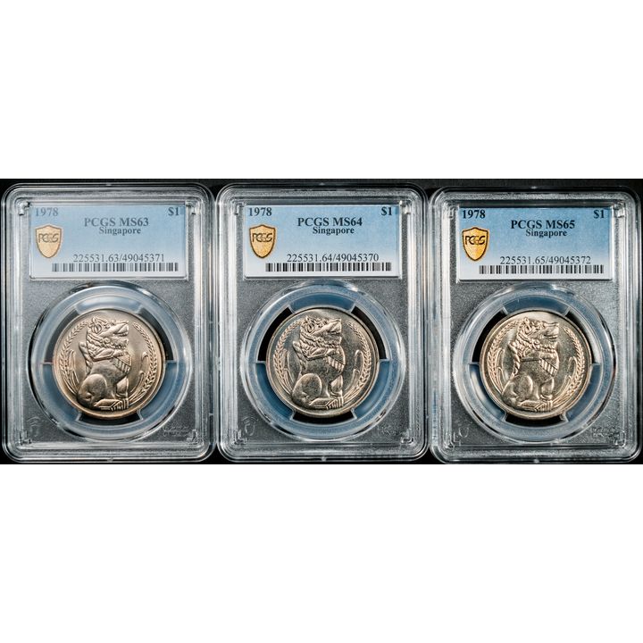 Singapore 1978 $1 Merlion PCGS MS63,64,65 (49045370,71,72) Total 3pcs