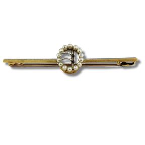 Exquisite Pin featuring a Platinum set Oval of Small Pearls on a 15ct Gold Bar Brooch