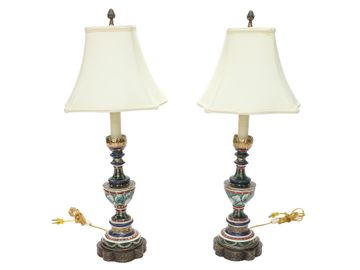 Multi-Color Painted Porcelain Candlestick Table Lamps, Pair