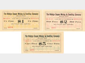(Lote de 3 piezas) Billetes The Hidalgo Copper Mining & Smelting Company, Zimapán, Hidalgo, 1915. AU.