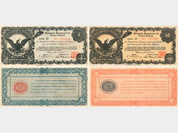 (Lote de 2 piezas) – Billetes Obligación Provisional del Erario Federal. XF-AU.