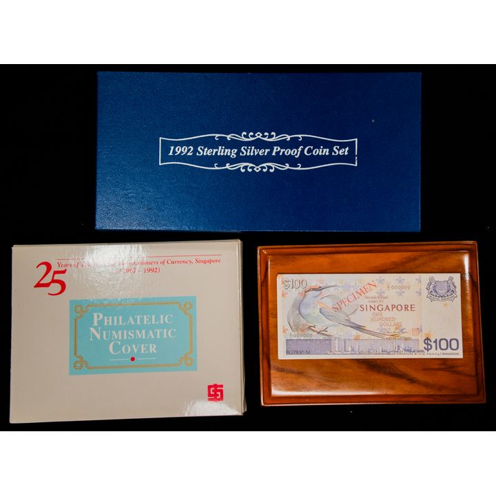 Singapore Mint $100 (Bird Series) Silver Ingot,BCCS Logo 1992 Philatelic Numismatic Cover ,Sterling Silver Proof Coin Set Total 3Set