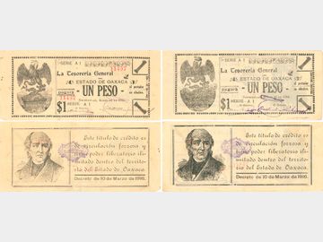 (Lote de 2 piezas) Billetes de 1 Peso La Tesorería General del Estado de Oaxaca, Nochixtlán, Oaxaca, 1916. F-VF.