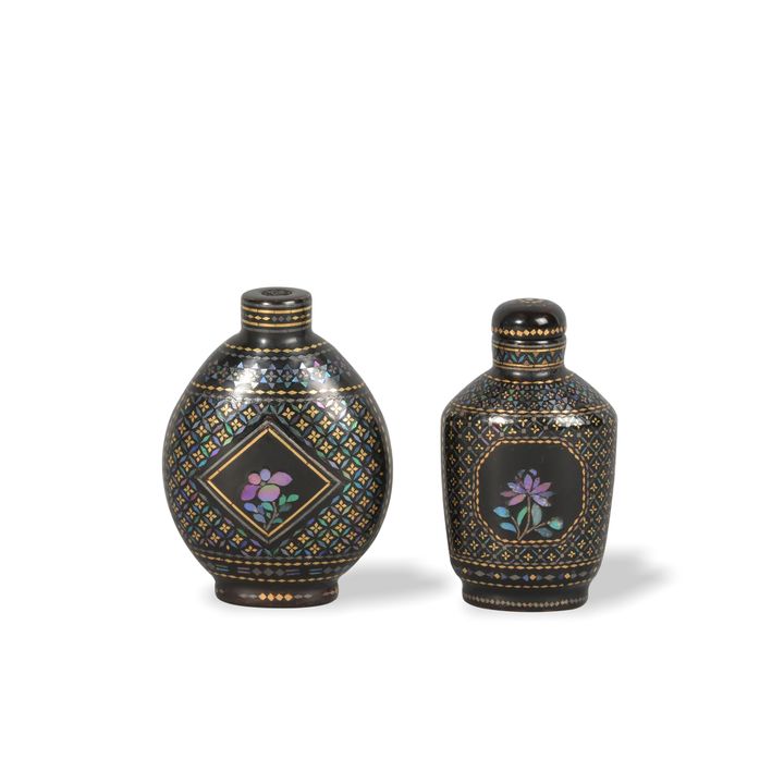 2 Chinese Lacquer withMOP Inlay Snuff Bottles, 19th Century