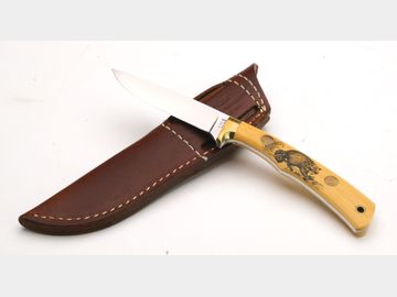 Scrimshaw knife with sheath, Jimmy Lile, Arkansas.