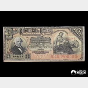 Argentina, Banco Provincial de Cordoba. 5 Pesos. 1889.
