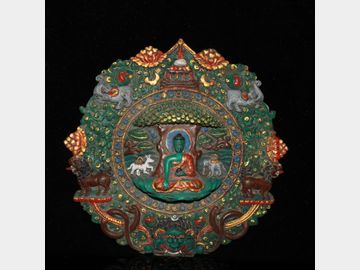Nepal green pine hand-carved pine Buddha flower color thangka Buddha board
