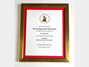 Michael Jackson & Janet Jackson "Scream" Grammy Award Certificate Recognizing The Hit Factory