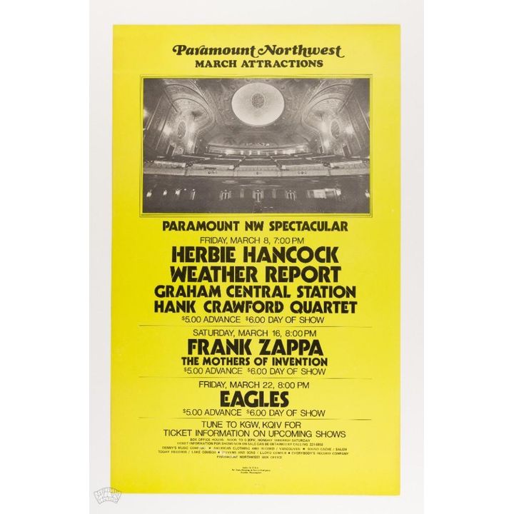 1974 Herbie Hancock Frank Zappa The Eagles Paramount Portland Cardboard Poster Excellent 77