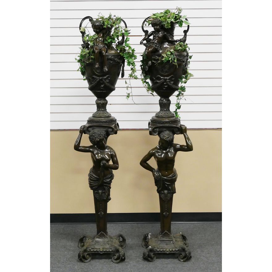 Monumental Bronze Figural Pedestal & Urn Pair