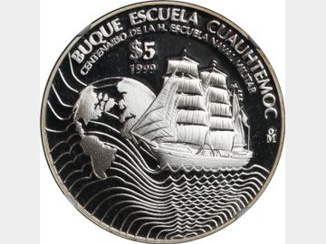 KM# 635 – 5 Pesos 1999 Mo Buque Escuela Cuauhtémoc. NGC PF70 Ultra Cameo. TOP POP.