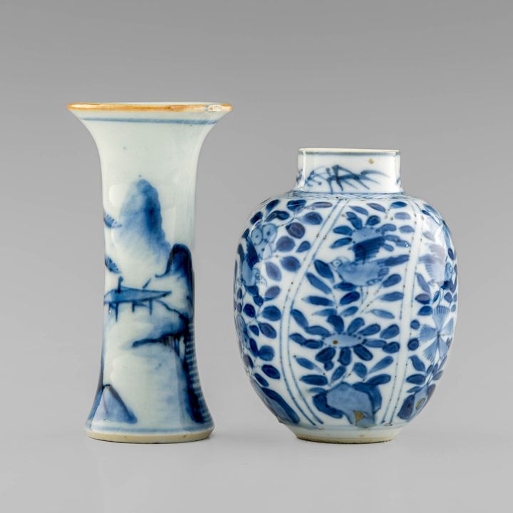 清康熙 青花花觚及蓋罐兩件 A Chinese blue and white gu vase and jar, Kangxi period, Qing dynasty