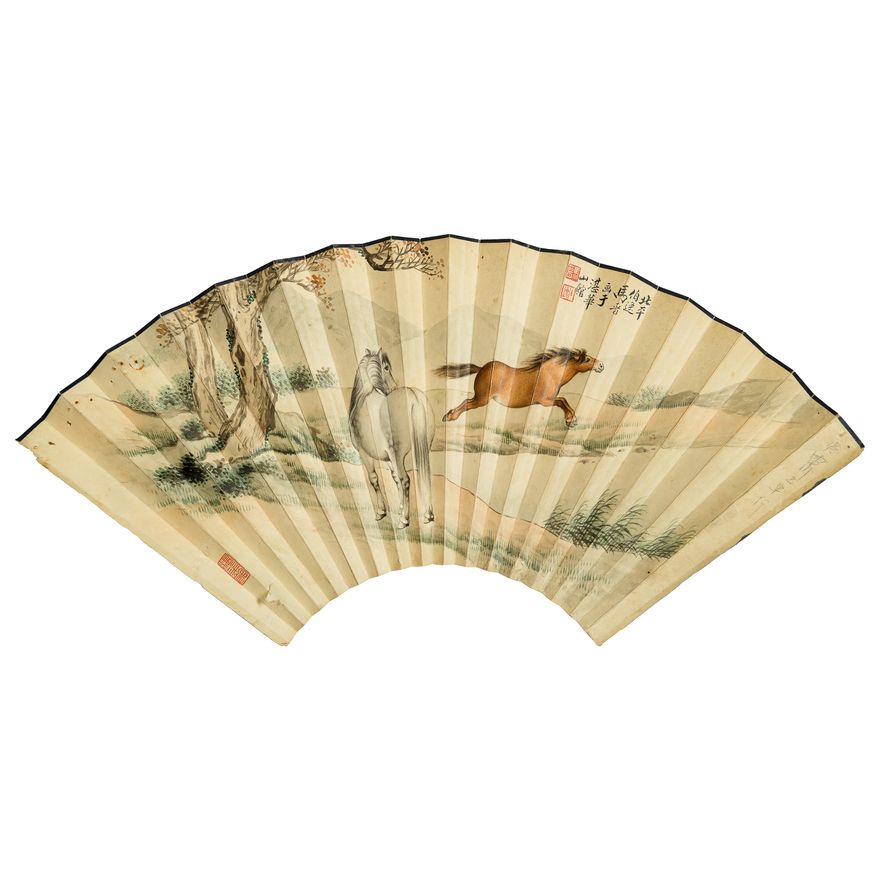 馬晉 吳雷川 雙駿圖行書扇面 A Chinese 'horse' fan painting, by Ma Jin (Chinese, 1900-1970), with calligraphy by Wu Leichuan (Chinese, 1870-1944)