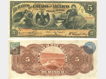 M396c – 5 Pesos El Banco del Estado de Mexico 1912. F+