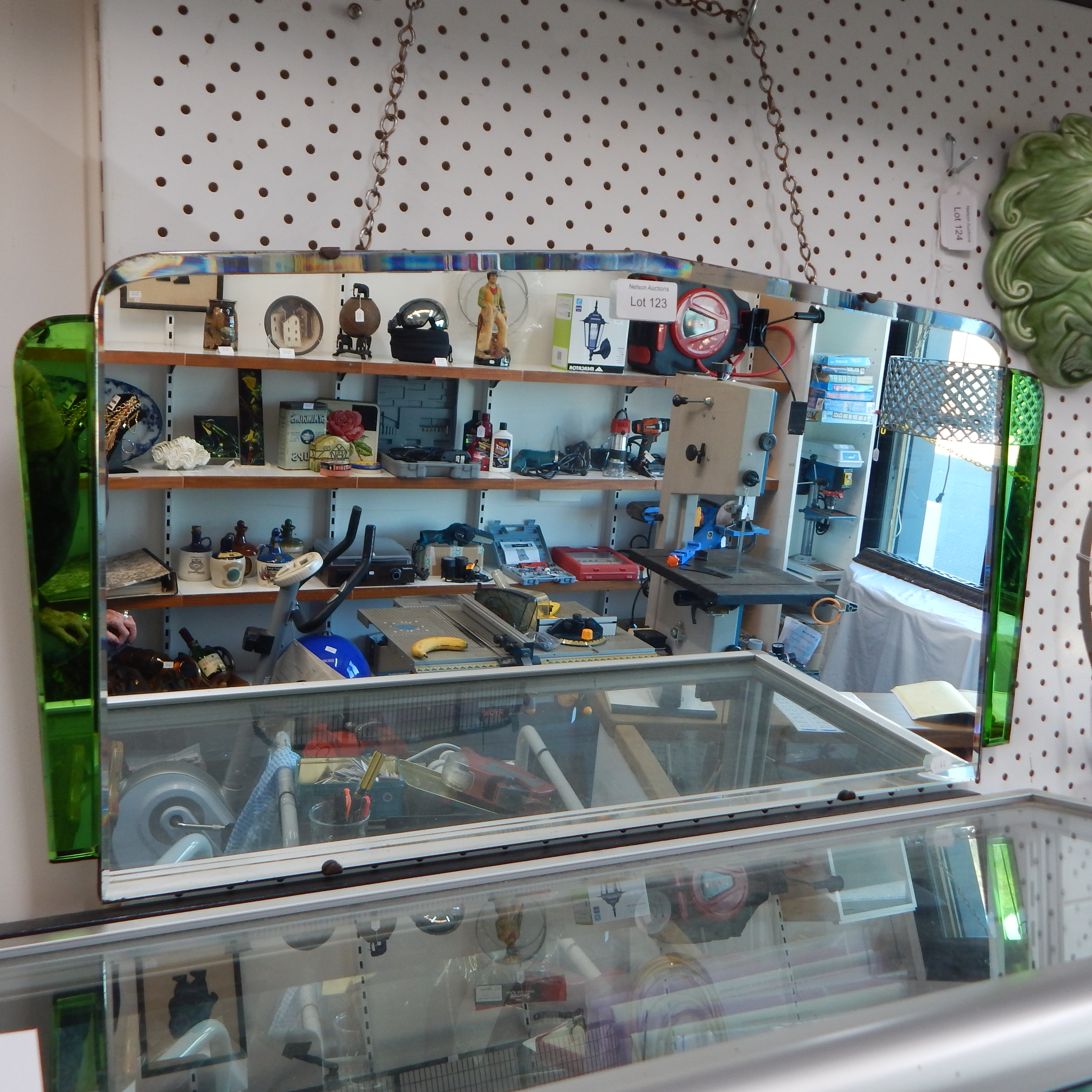 Art Deco Wall Mirror 1930s w Green Glass side panels — sold at auction in New Zealand for $50