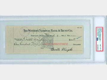 Orville Wright Twice-Signed Check Autograph Graded PSA NM-MT 8 (Encapsulated & Certified)