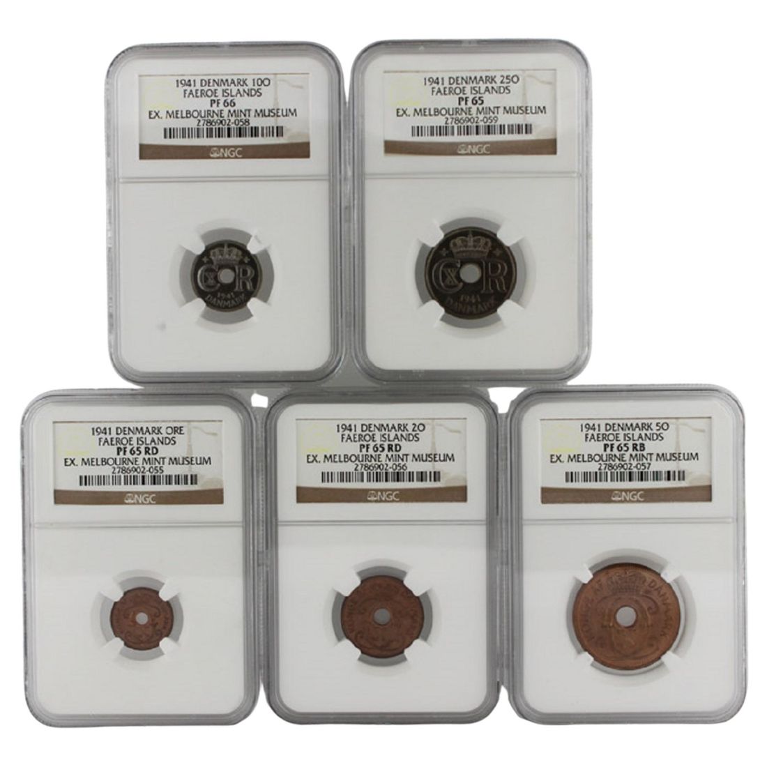 Faroe Islands (Denmark) 1941 Proof Ore Collection, NGC PF65 - PF 66 RD (5 Coins)