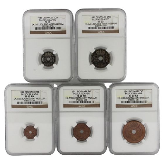 Faroe Islands (Denmark) 1941 Proof Ore Collection, NGC PF65 - PF 66 RD (5 Coins)