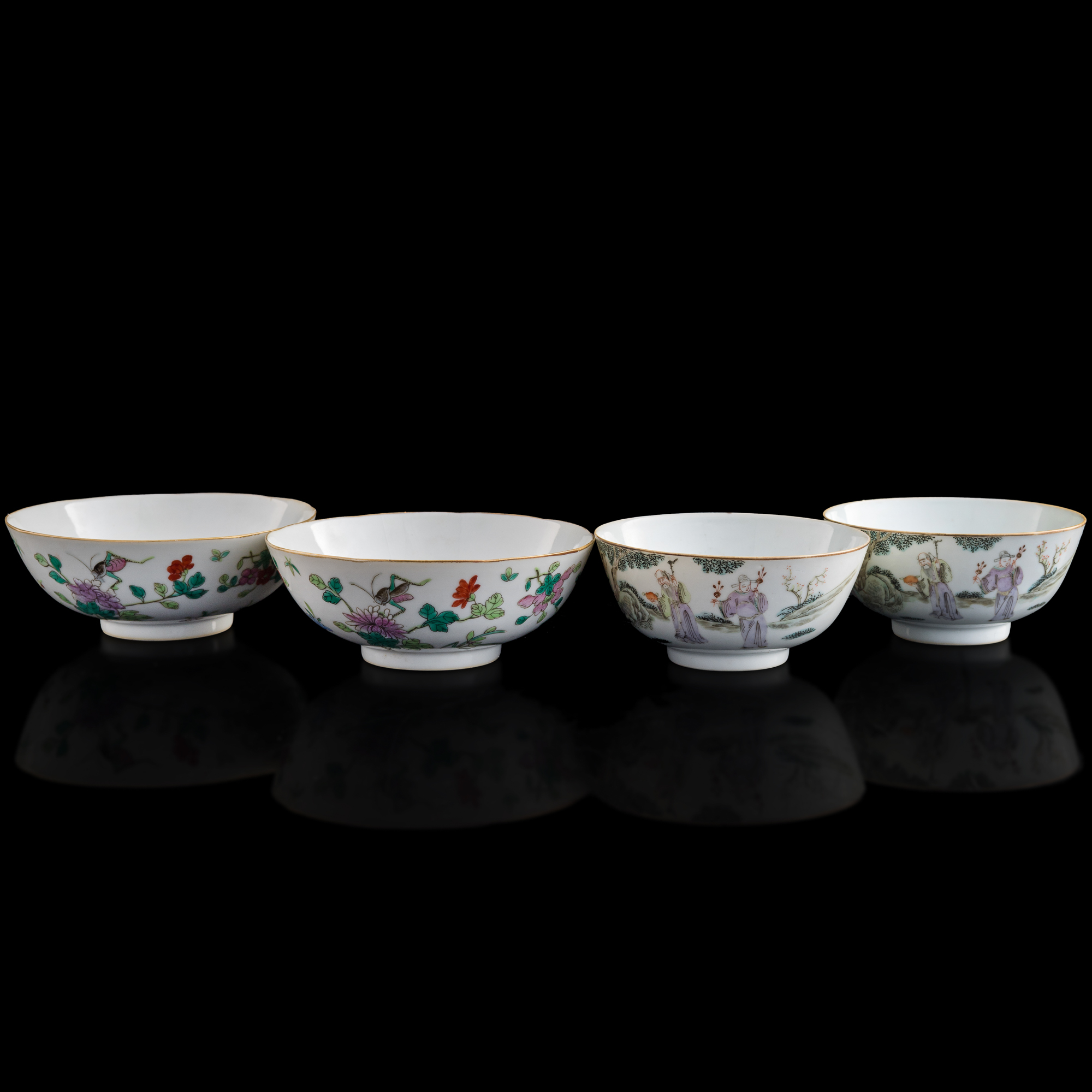 中国古美術•粉彩花蝶大碗/W-4 十九世紀粉彩碗四隻Four Chinese famille rose bowls, 19th
